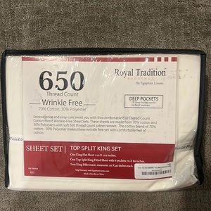 NWT Royal Tradition 650 thread count 4 piece top split king size sheet set Ivory